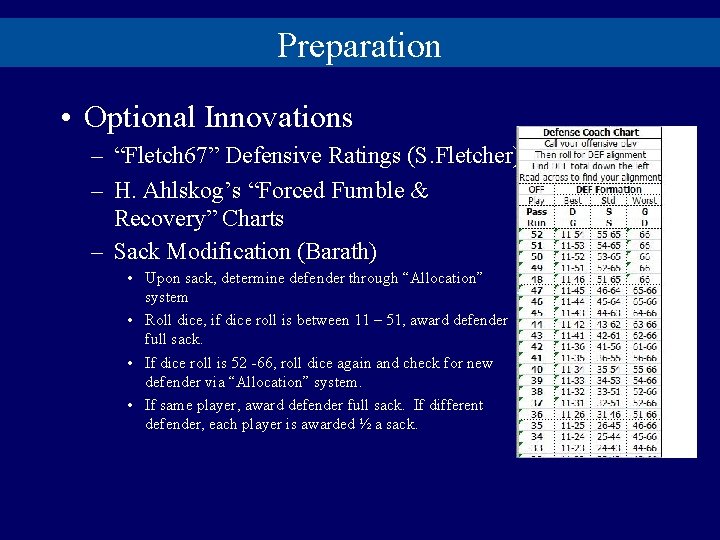 Preparation • Optional Innovations – “Fletch 67” Defensive Ratings (S. Fletcher) – H. Ahlskog’s