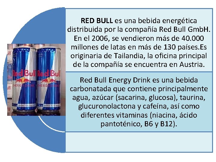 RED BULL es una bebida energética distribuida por la compañía Red Bull Gmb. H.