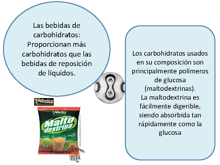 Las bebidas de carbohidratos: Proporcionan más carbohidratos que las bebidas de reposición de líquidos.