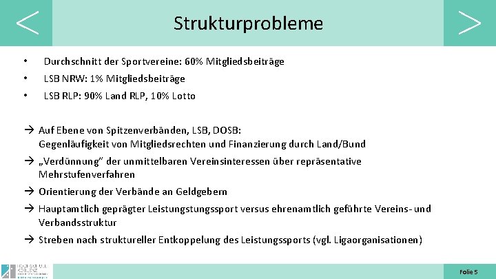 Strukturprobleme • Durchschnitt der Sportvereine: 60% Mitgliedsbeiträge • LSB NRW: 1% Mitgliedsbeiträge • LSB