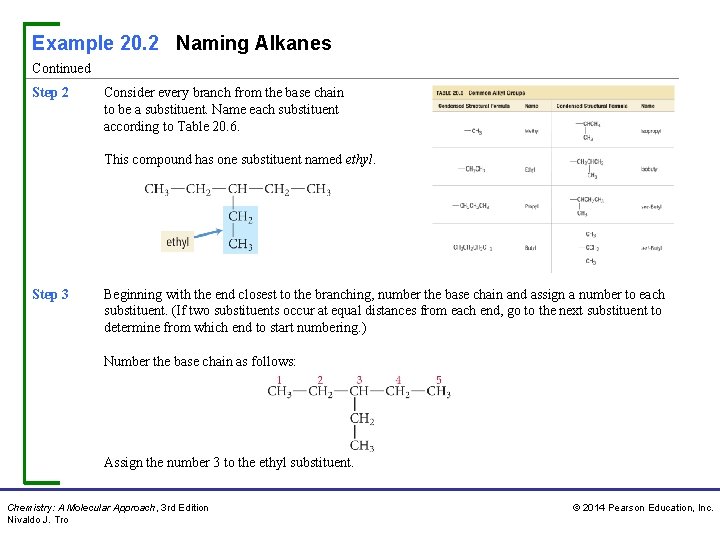 Example 20. 2 Naming Alkanes Continued Step 2 Consider every branch from the base