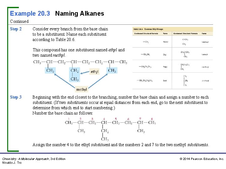Example 20. 3 Naming Alkanes Continued Step 2 Consider every branch from the base