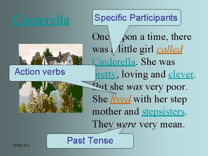 Cinderella Action verbs TP/B 1/XV Specific Participants Once upon a time, there was a