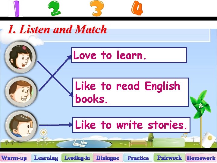 1. Listen and Match Love to learn. Like to read English books. Like to