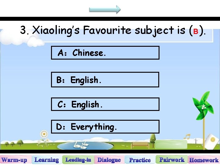 3. Xiaoling’s Favourite subject is (B ). A：Chinese. B：English. C：English. D：Everything. Warm-up Learning Leading-in