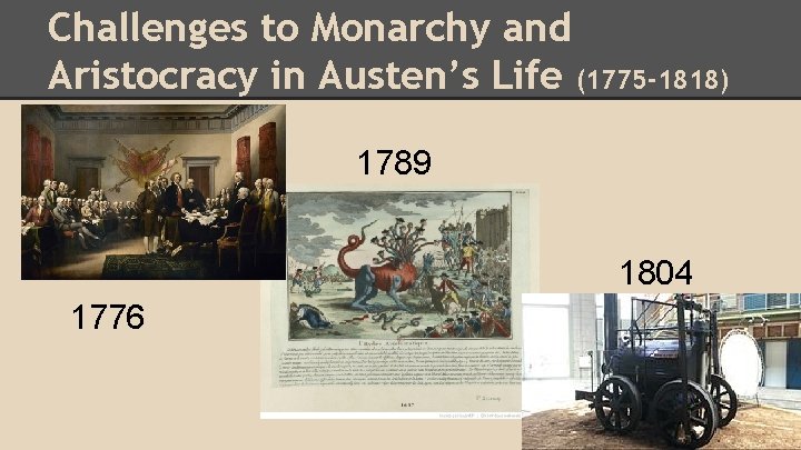 Challenges to Monarchy and Aristocracy in Austen’s Life (1775 -1818) 1789 1804 1776 