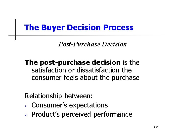 The Buyer Decision Process Post-Purchase Decision The post-purchase decision is the satisfaction or dissatisfaction