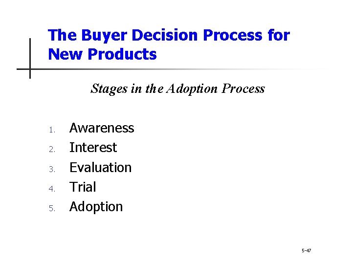 The Buyer Decision Process for New Products Stages in the Adoption Process 1. 2.