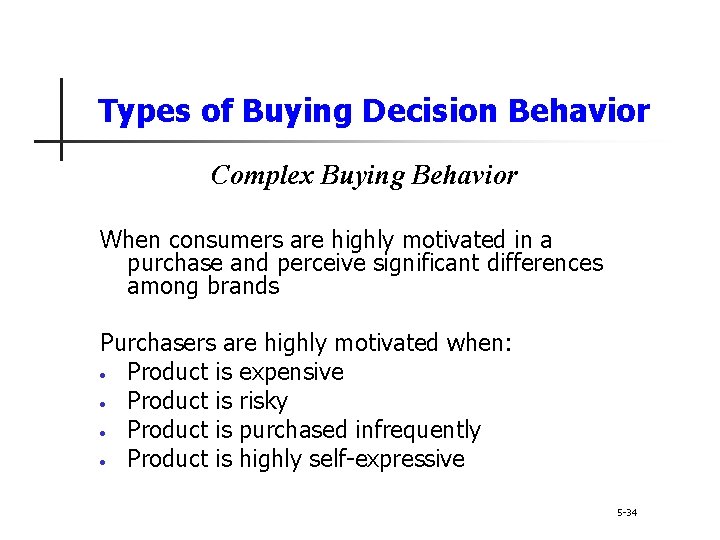 Types of Buying Decision Behavior Complex Buying Behavior When consumers are highly motivated in