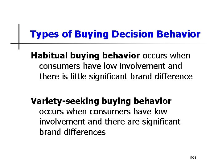 Types of Buying Decision Behavior Habitual buying behavior occurs when consumers have low involvement