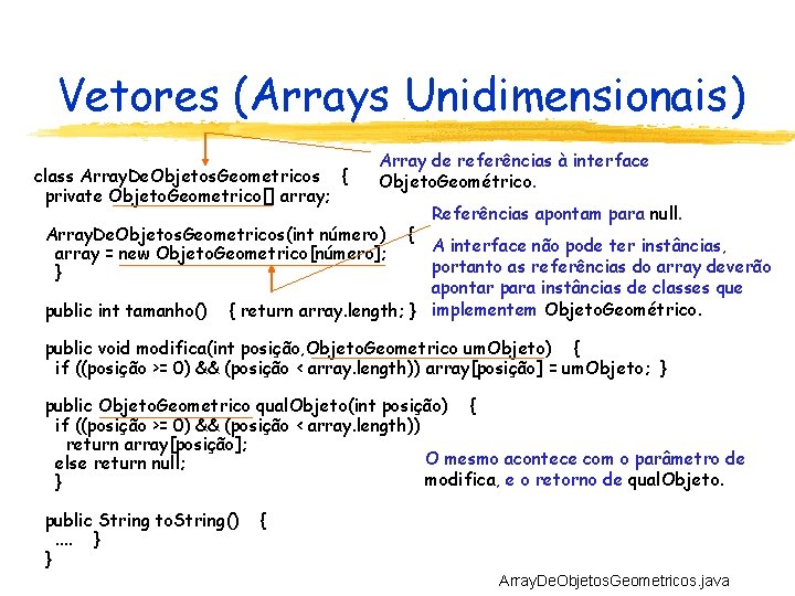 Vetores (Arrays Unidimensionais) class Array. De. Objetos. Geometricos { private Objeto. Geometrico[] array; Array