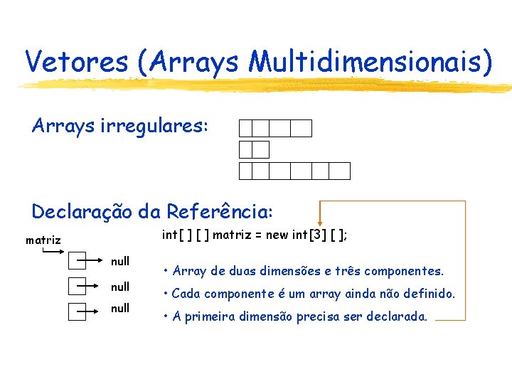 Vetores (Arrays Multidimensionais) Arrays irregulares: Declaração da Referência: int[ ] matriz = new int[3]