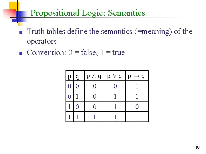 Propositional Logic: Semantics n n Truth tables define the semantics (=meaning) of the operators
