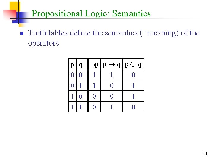 Propositional Logic: Semantics n Truth tables define the semantics (=meaning) of the operators p