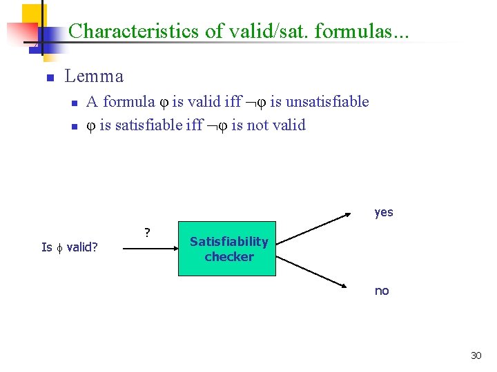 Characteristics of valid/sat. formulas. . . n Lemma n n A formula φ is