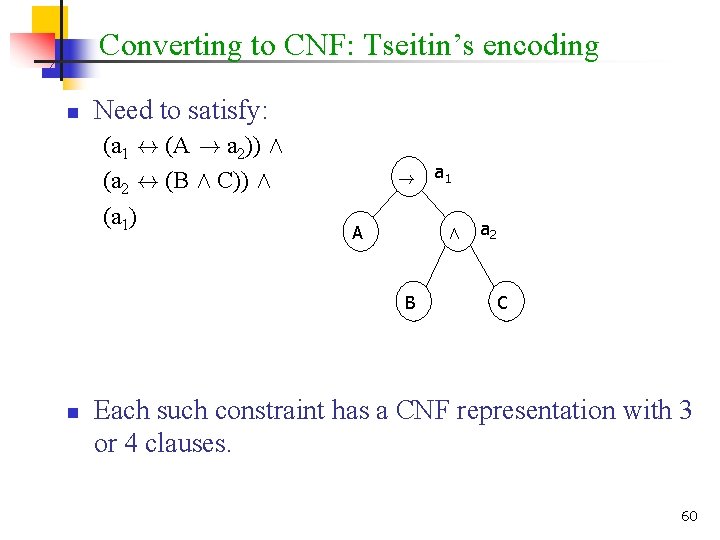Converting to CNF: Tseitin’s encoding n Need to satisfy: (a 1 $ (A !