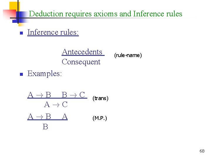 Deduction requires axioms and Inference rules n Inference rules: n Antecedents Consequent Examples: A!B