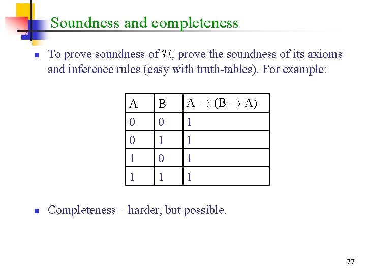 Soundness and completeness n n To prove soundness of H, prove the soundness of