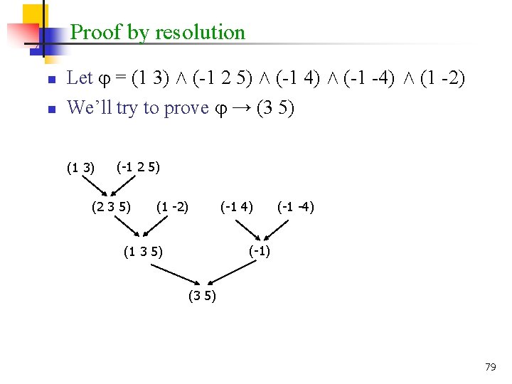 Proof by resolution n n Let = (1 3) Æ (-1 2 5) Æ