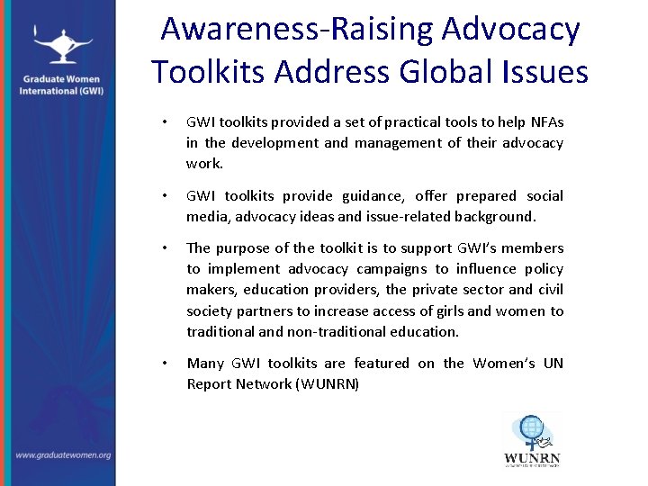 Awareness-Raising Advocacy Toolkits Address Global Issues • GWI toolkits provided a set of practical