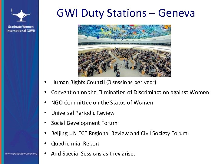 GWI Duty Stations – Geneva • Human Rights Council (3 sessions per year) •