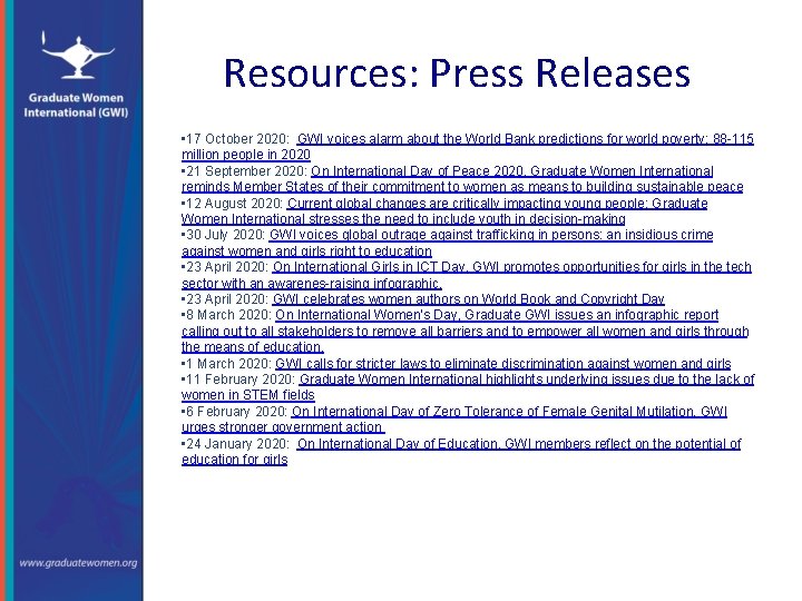 Resources: Press Releases • 17 October 2020: GWI voices alarm about the World Bank