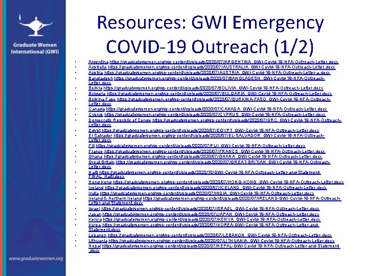 Resources: GWI Emergency COVID-19 Outreach (1/2) • • • • • • • Argentina