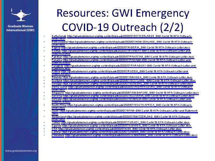 Resources: GWI Emergency COVID-19 Outreach (2/2) • • • • • • Netherlands https: