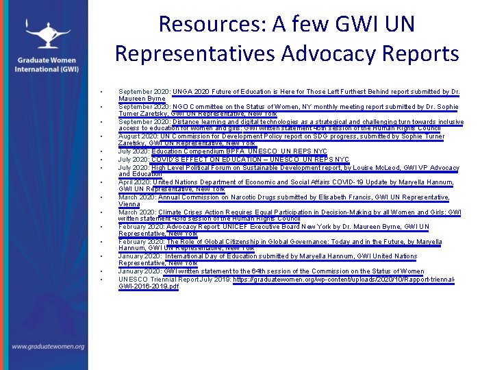 Resources: A few GWI UN Representatives Advocacy Reports • • • • September 2020: