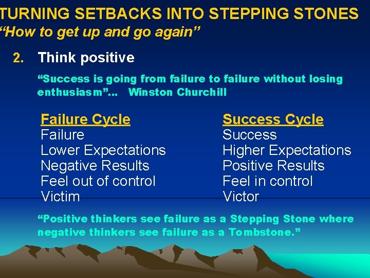 TURNING SETBACKS INTO STEPPING STONES “How to get up and go again” 2. Think
