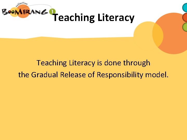 Teaching Literacy is done through the Gradual Release of Responsibility model. 