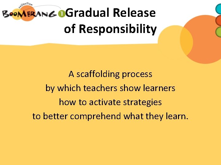 Gradual Release of Responsibility A scaffolding process by which teachers show learners how to