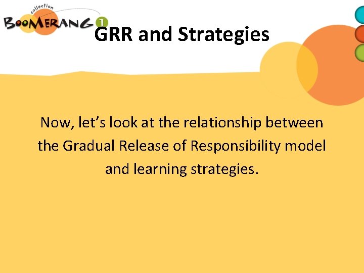 GRR and Strategies Now, let’s look at the relationship between the Gradual Release of