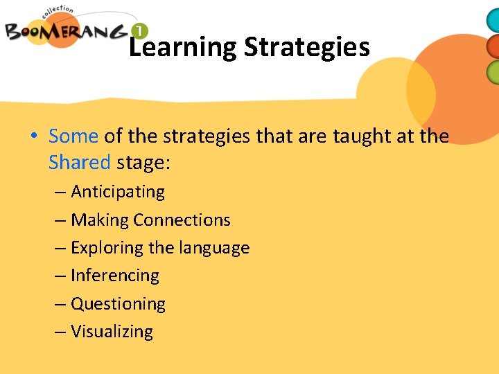 Learning Strategies • Some of the strategies that are taught at the Shared stage: