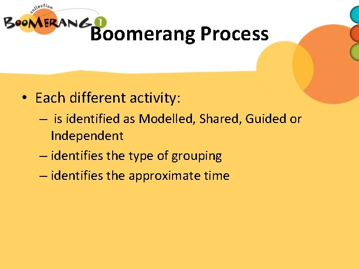 Boomerang Process • Each different activity: – is identified as Modelled, Shared, Guided or