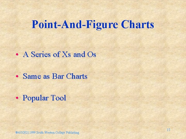 Point-And-Figure Charts • A Series of Xs and Os • Same as Bar Charts