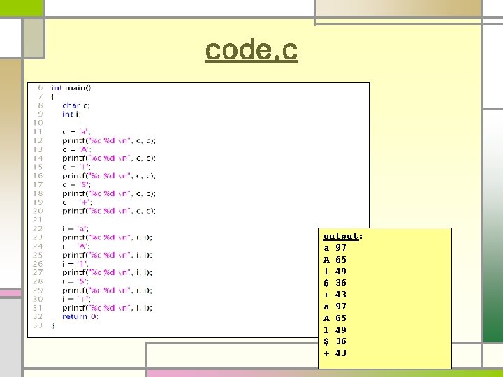 code. c output: a 97 A 65 1 49 $ 36 + 43 