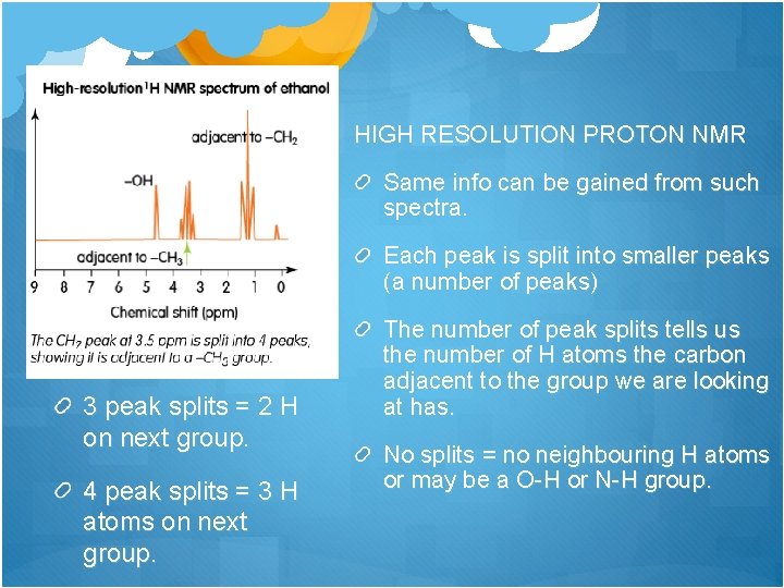HIGH RESOLUTION PROTON NMR Same info can be gained from such spectra. Each peak
