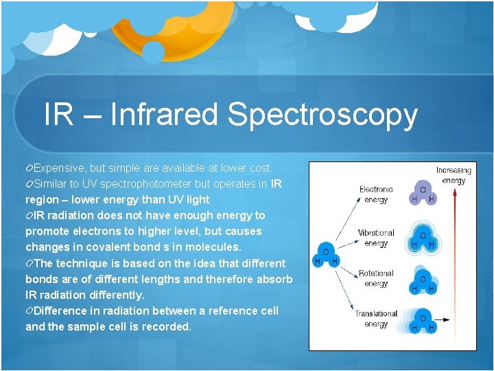 IR – Infrared Spectroscopy Expensive, but simple are available at lower cost. Similar to