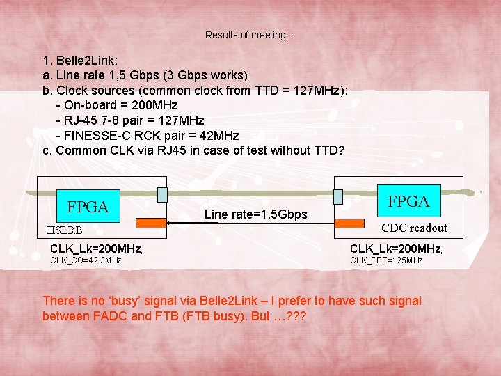 Results of meeting… 1. Belle 2 Link: a. Line rate 1, 5 Gbps (3