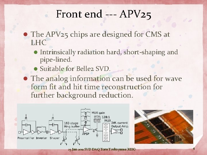 Front end --- APV 25 l The APV 25 chips are designed for CMS