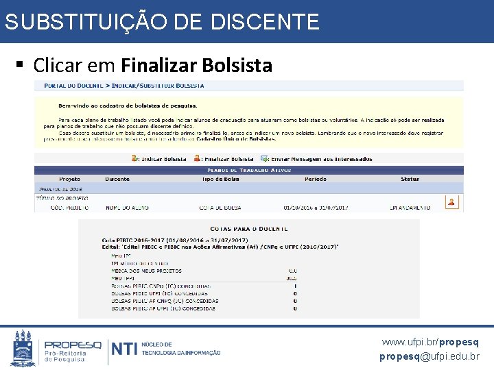 SUBSTITUIÇÃO DE DISCENTE § Clicar em Finalizar Bolsista www. ufpi. br/propesq@ufpi. edu. br 