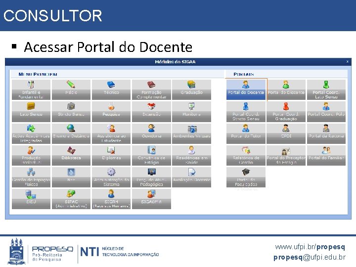 CONSULTOR § Acessar Portal do Docente www. ufpi. br/propesq@ufpi. edu. br 