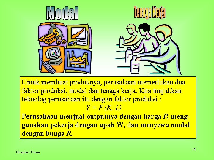 Untuk membuat produknya, perusahaan memerlukan dua faktor produksi, modal dan tenaga kerja. Kita tunjukkan