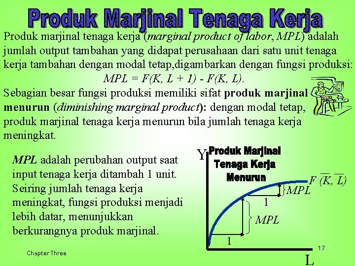 Produk marjinal tenaga kerja (marginal product of labor, MPL) adalah jumlah output tambahan yang