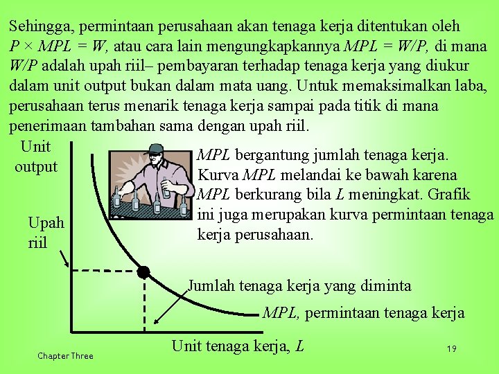 Sehingga, permintaan perusahaan akan tenaga kerja ditentukan oleh P × MPL = W, atau