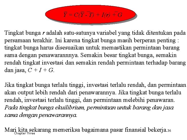 Y = C(Y - T) + I(r) + G Tingkat bunga r adalah satu-satunya