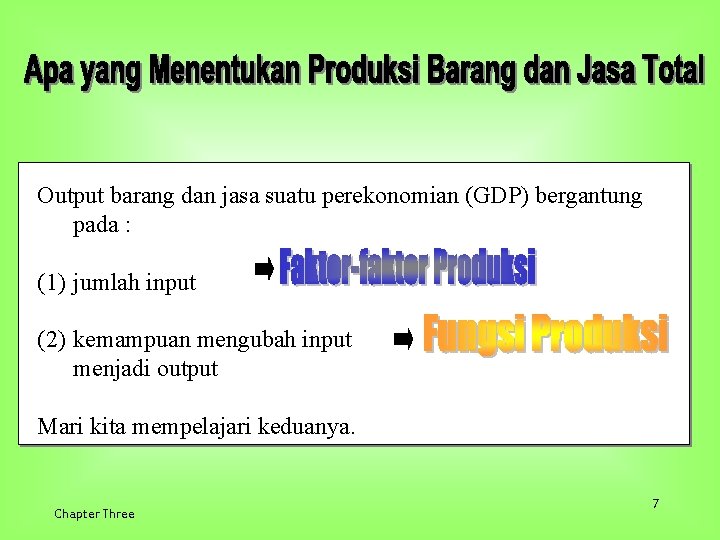 Output barang dan jasa suatu perekonomian (GDP) bergantung pada : (1) jumlah input (2)