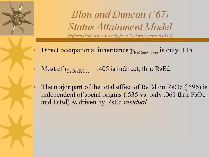 Blau and Duncan (’ 67) Status Attainment Model (Information taken directly from Nielsen’s presentation)