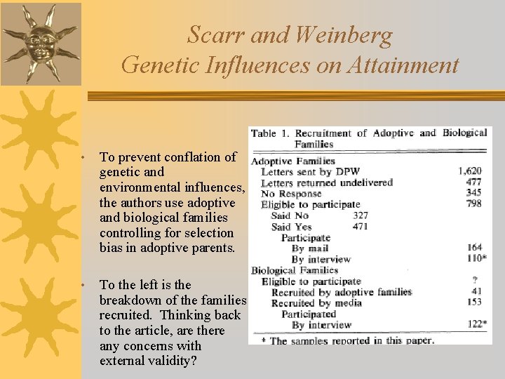 Scarr and Weinberg Genetic Influences on Attainment • To prevent conflation of genetic and